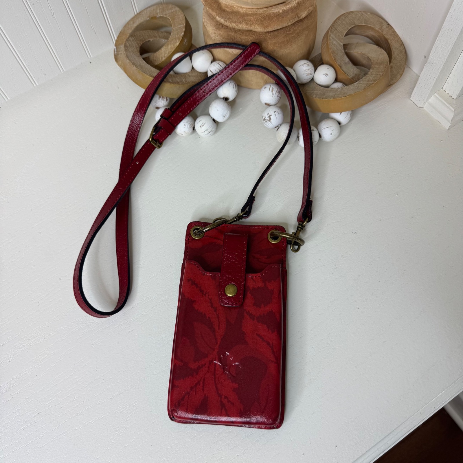Patricia Nash Red Leather Floral Leaf Crossbody Phone Wallet Bag Antique Brass